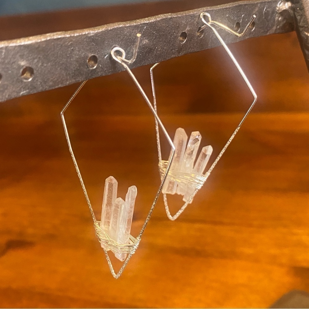 Raw Quartz Point Silver Tone Wire Large 3” dangle Earrings sacred Geometry